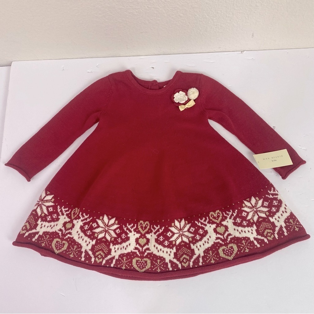 Max Studio Kids Red Holiday Reindeer Sweater Dress Size 18M